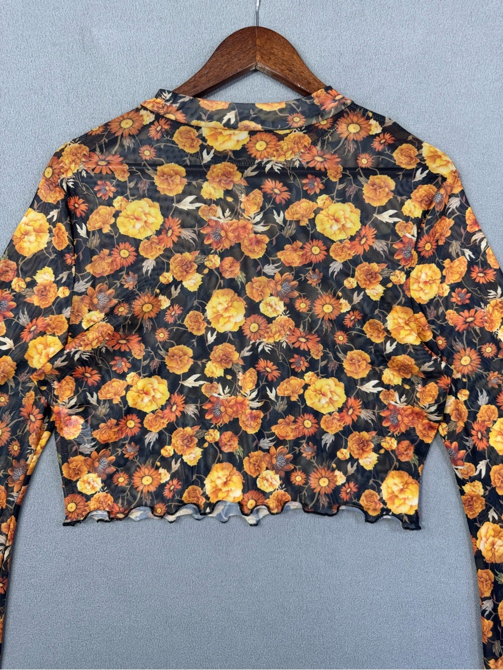 Boho Sheer Floral SheerLong Sleeve Crop Top Black with Orange Yellow Flowers, XL - Picture 6 of 14